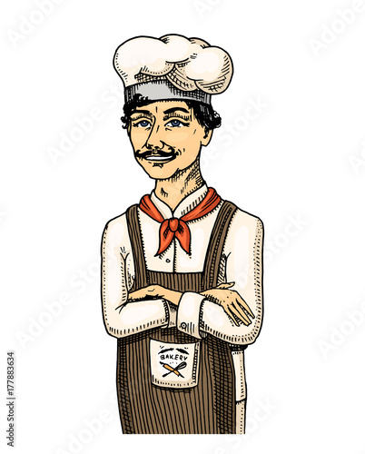 culinary boss or chef, baker in apron.. engraved hand drawn in old sketch and vintage style for label and menu. interior of bakery shop. organic food.