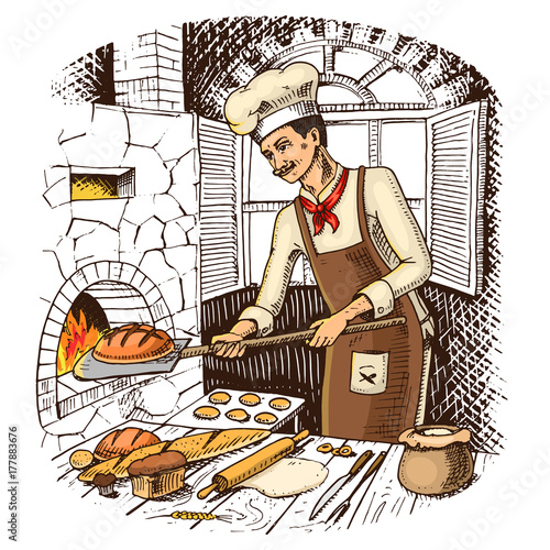 bread and sweet bun or croissant. culinary boss or chef. hot brick oven. engraved hand drawn in old sketch and vintage style for label and menu. interior of bakery shop. organic food.