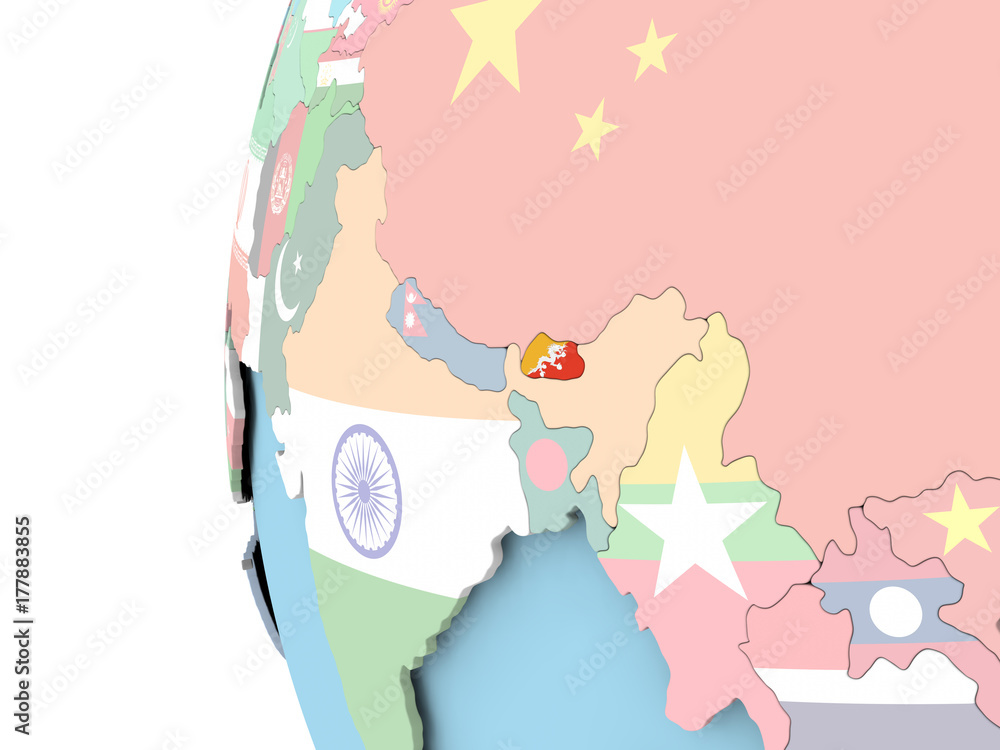 Flag of Bhutan on political globe Flag of Bhutan on political globe