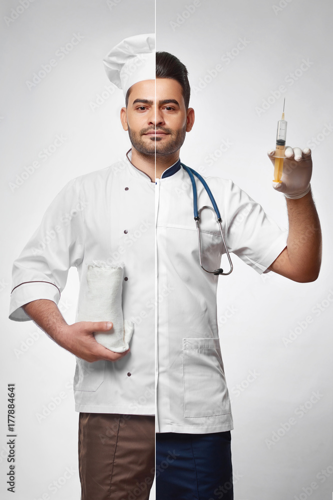 Handsome bearded young man dressed as a cooking chef and doctor profession occupation food nutrition dieting healthcare organic eating medicine vitality wellbeing happiness career. Handsome bearded young man dressed as a cooking chef and doctor profession occupation food nutrition dieting healthcare organic eating medicine vitality wellbeing happiness career.