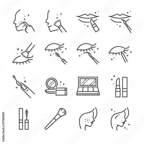 Make-up and cosmetic line icon set 1. Included the icons as beauty, woman face, lipstick, eyeshadow, eye liner foundation, tools and more.