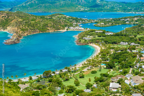 View of English Harbor from Shirley Heights  Antigua  paradise bay at tropical island in the Caribbean Sea
