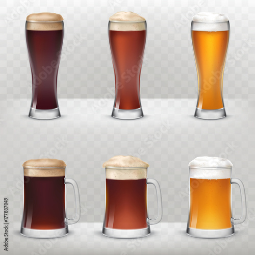 A set of vector illustrations in a realistic style of mugs and tall glasses of unfiltered, dark and light beer isolated against a gray background.