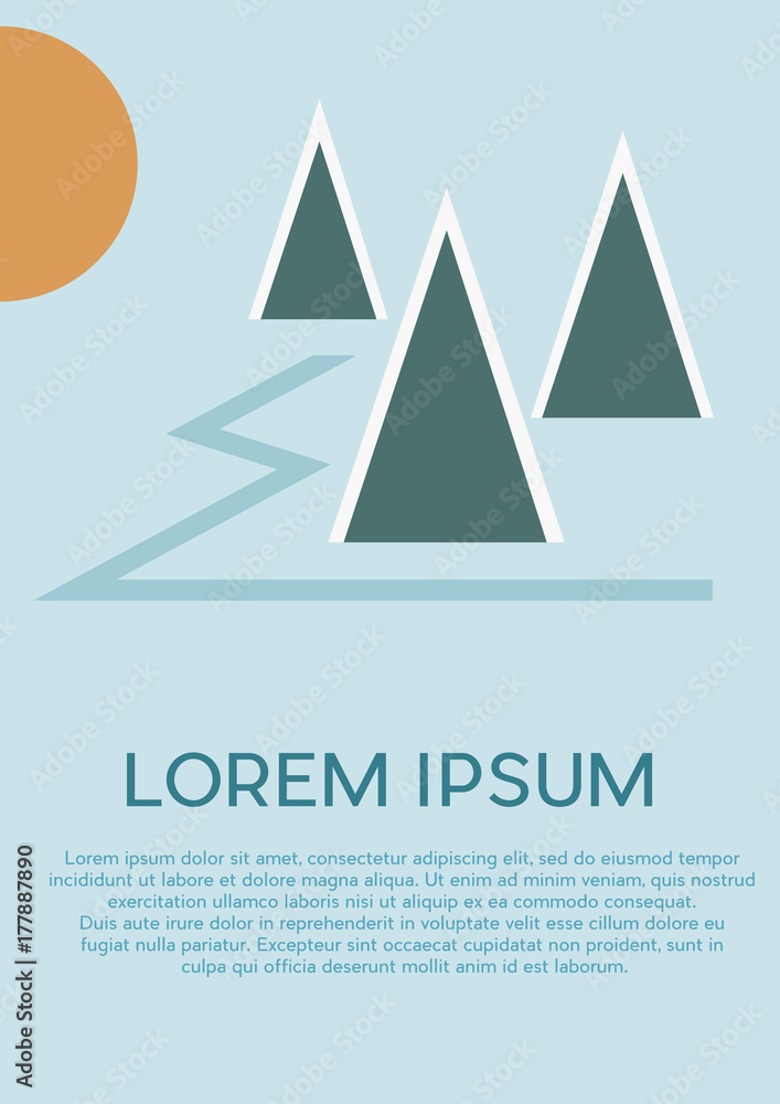 geometric vector background for poster or cover. Mountain, fir and river in flat design geometric vector background for poster or cover. Mountain, fir and river in flat design