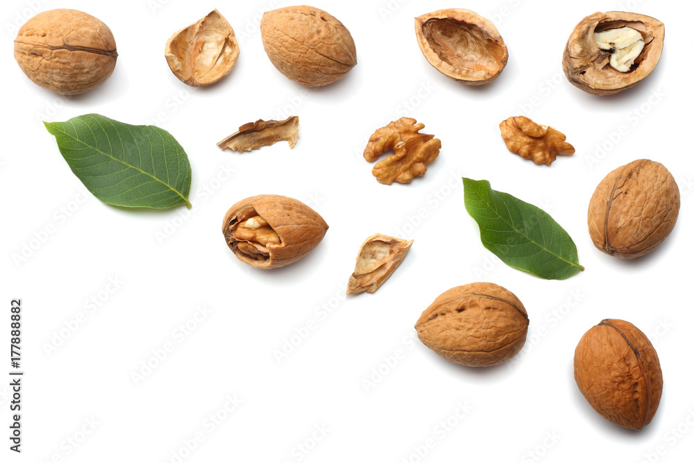 Walnuts isolated on a white background. top view Walnuts isolated on a white background. top view