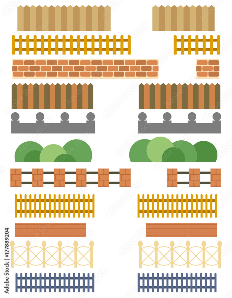 Collection of various fences and barriers. Vector illustration.
