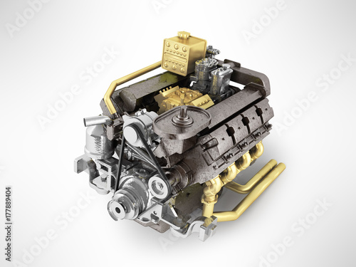 The truck engine concept of a modern cargo car engine 3d rendering on a gray background