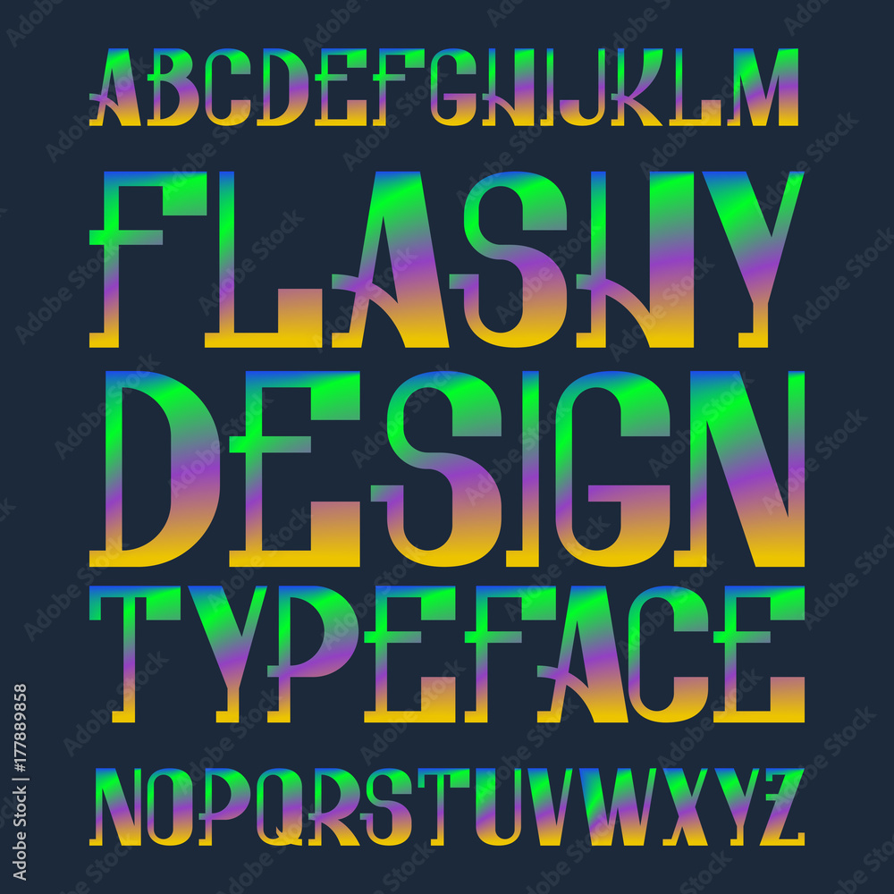 Flashy design typeface. Rainbow blended color font. Isolated colorful english alphabet.