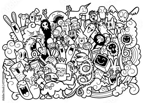 Vector illustration of Doodle cute Monster background ,Hand drawing Doodle photo
