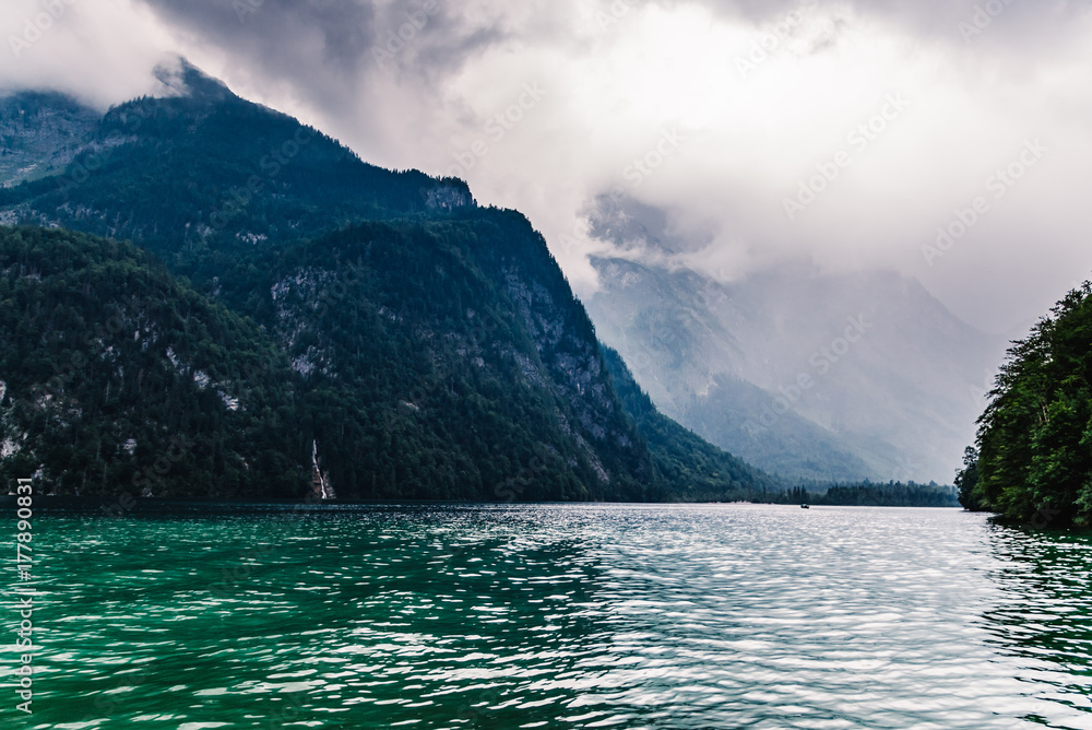 Scenic view of Konigssee in Bavaria a misty day