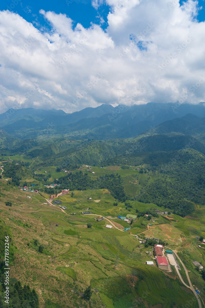 Aerial view of Muong valley with rice terraces and mountains