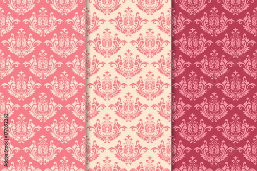 Set of floral ornaments. Cherry pink vertical seamless patterns