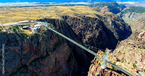 Canvas Print Suspension Bridge Over Deep Canyon - Wide Aerial View Of Royal Gorge Bridge In C