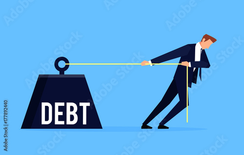 Debtor. Businessman is pulling a huge weight with a debt.