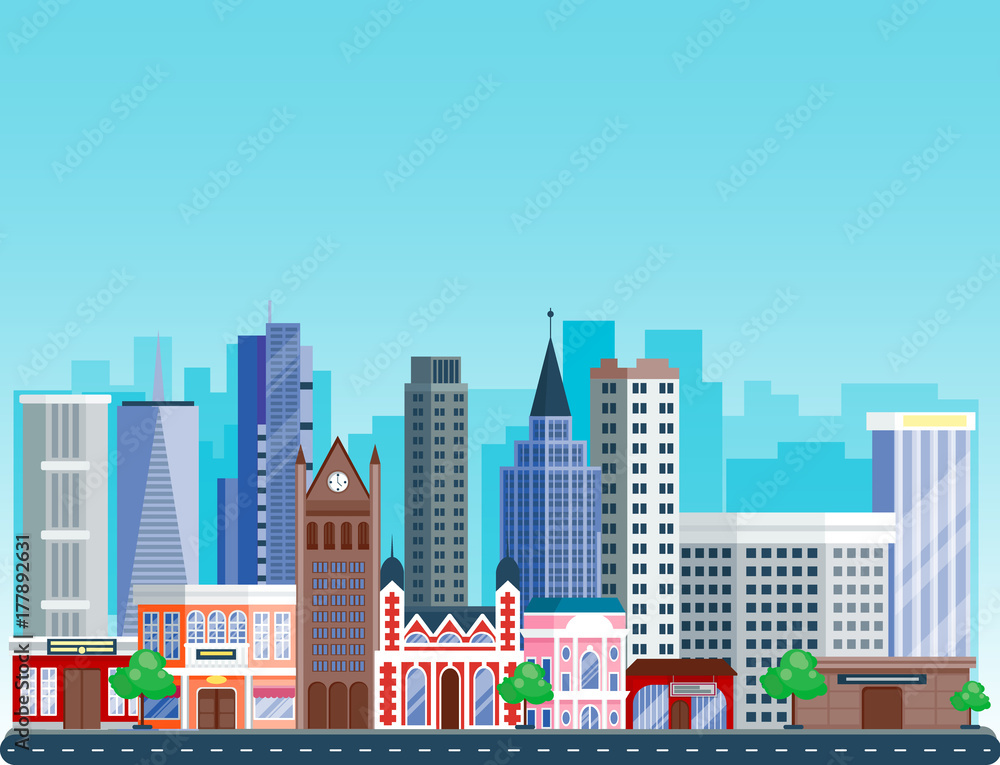 City outdoor day landscape house and street buildings outdoor cityspace disign vector illustration modern flat background