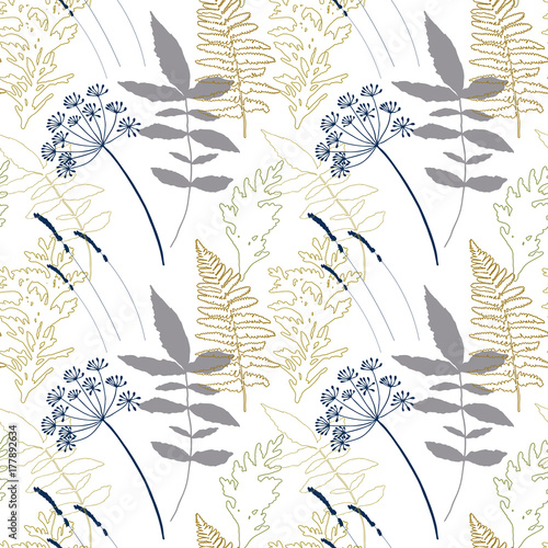 Floral vector seamless pattern with dill and lavender flowers, fern leaves an...