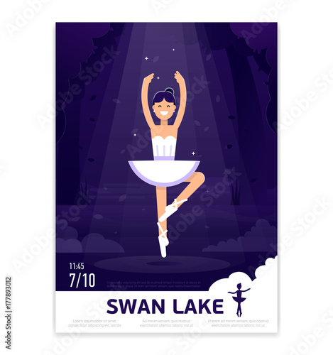 Ballerina in dancing on the stage with light on the dark violet background. Ballet poster design. Ballet prima ballerina performance. Ballerina vector flat banner stock illustration