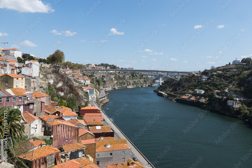 Top view of Douro river and old Porto downtown, Portugal.