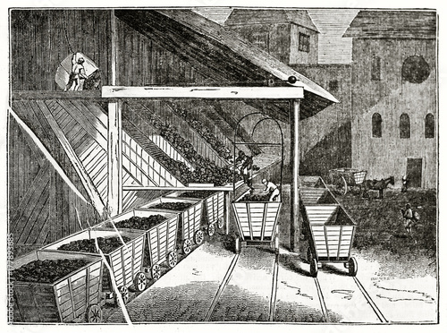Valokuva Old grayscale illustration of ancient workers screening coals next to mine carts