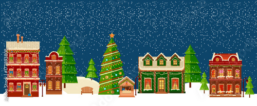 Winter Christmas landscape with houses.