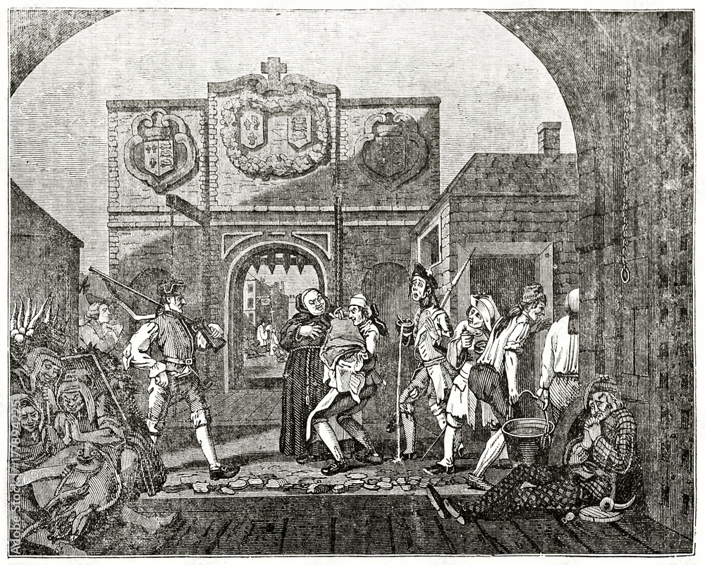 Old engraved reproduction of the painting The Gate of Calais. Medieval  humorous people displayed as a theatre show. After Hogarth, published on  the Penny Magazine, London, 1835 Stock Illustration | Adobe Stock