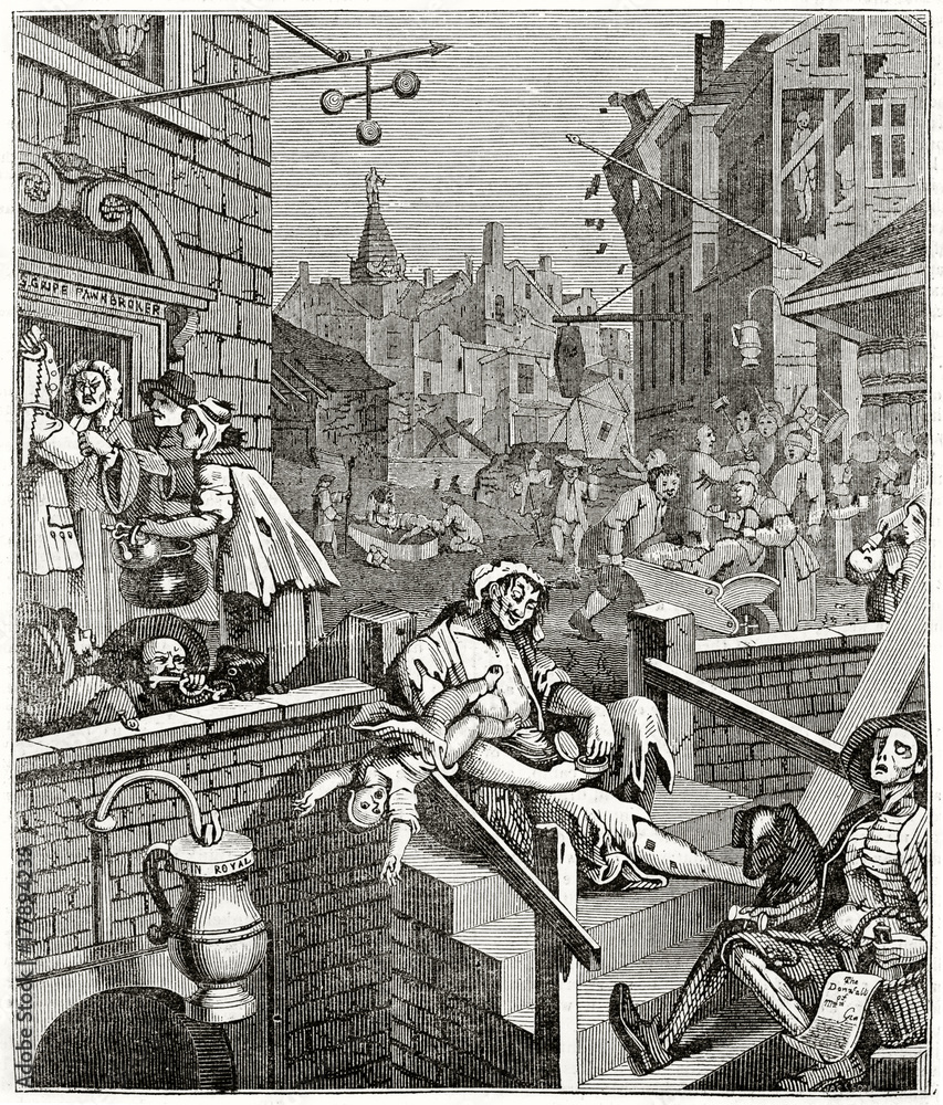 Old engraved reproduction of Gin Lane (satiric print depicting the evils of  the consumption of Gin, thwarted by Gin Act in 1751). After William Hogarth,  published on Penny Magazine, London, 1835 Stock