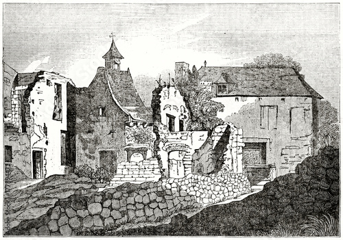 Old grayscale illustration of ruined stone houses in a small town. Hougoumont farmhouse, near Waterloo, Belgium. By unidentified author, published on the Penny Magazine, London, 1835 photo