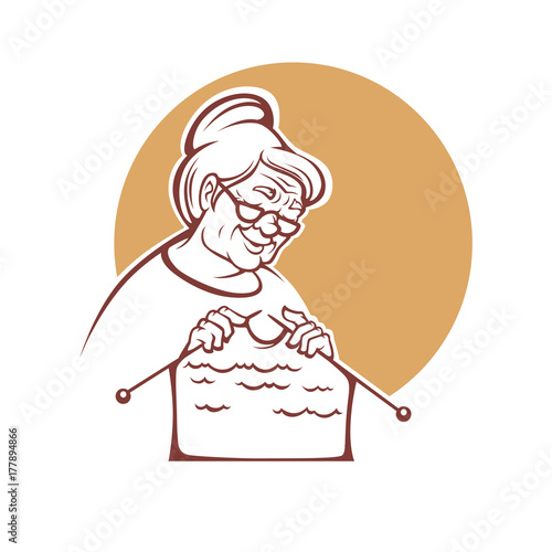 lovely grandmother, old lady knitting a handmade sweater , logo, label or emblem for your yarn shop