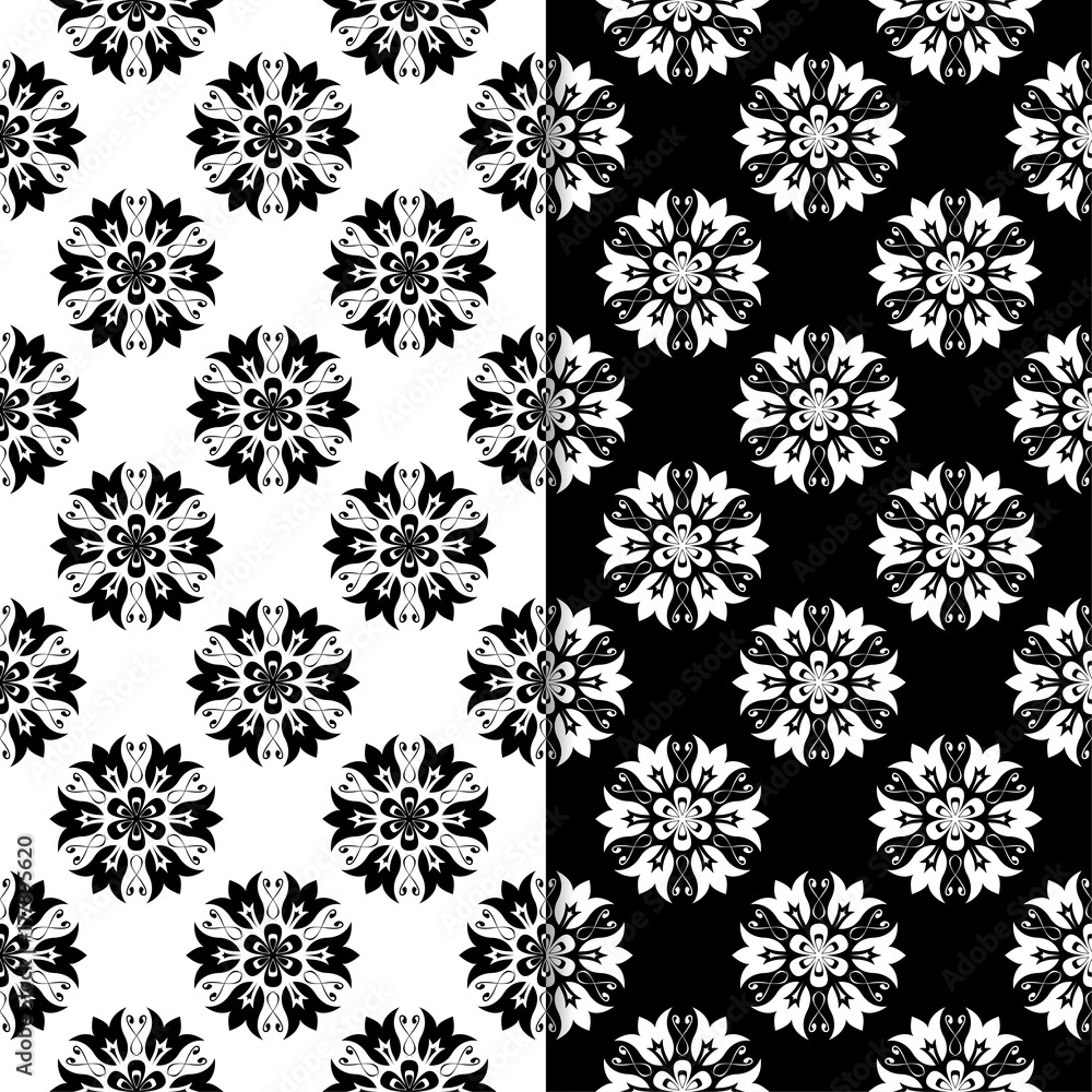 Black and white floral seamless patterns. Set of backgrounds Black and white floral seamless patterns. Set of backgrounds