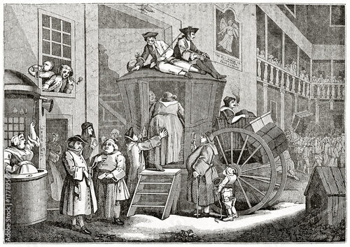 Old humorous grayscale illustration of a stagecoach preparing to depart. After Hogarth, published on the Penny Magazine, London, 1835