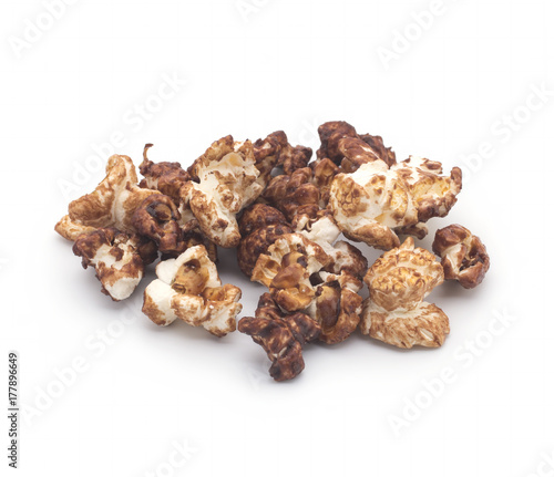 Popcorns flavored with sweet chocolate and mint piled up and isolated on white background