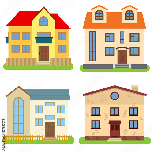 Set of four private houses on a white background. Vector illustration. 