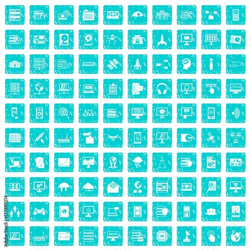 100 database and cloud icons set grunge blue