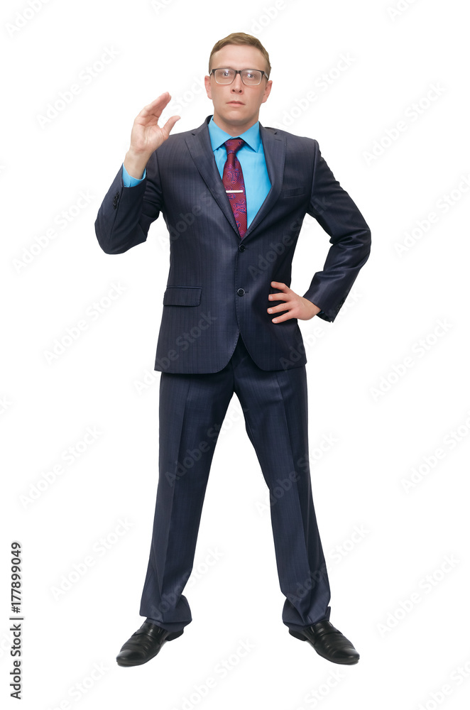 A business man in a suit and glasses is skeptical and shows a gesture of empty chatter isolated on white background. Talking lies. Strict boss.
