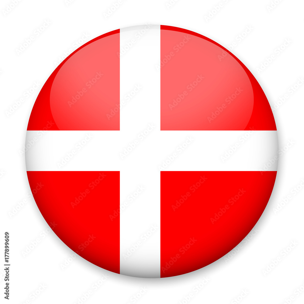 Flag of Denmark in the form of a round button with a light glare and a shadow. The symbol of Independence Day, a souvenir, a button for switching the language on the site, an icon. Flag of Denmark in the form of a round button with a light glare and a shadow. The symbol of Independence Day, a souvenir, a button for switching the language on the site, an icon.