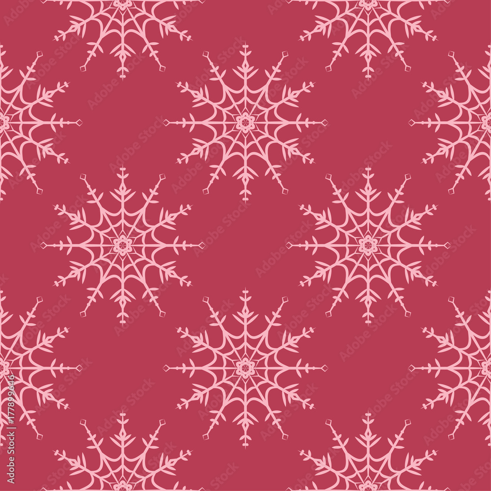 Snowflakes seamless pattern. Cherry red background with christmas elements