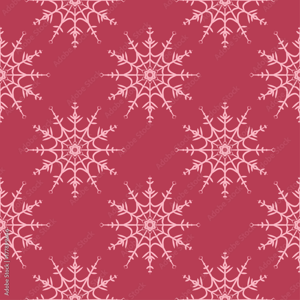 Snowflakes seamless pattern. Cherry red background with christmas elements Snowflakes seamless pattern. Cherry red background with christmas elements