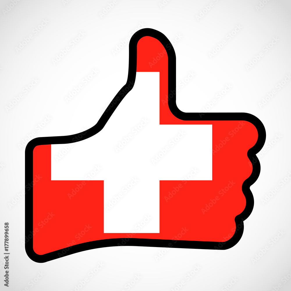 Flag of Switzerland in the shape of Hand with thumb up, gesture of approval, meaning Like, vector finger sign, flat design illustration. Flag of Switzerland in the shape of Hand with thumb up, gesture of approval, meaning Like, vector finger sign, flat design illustration.