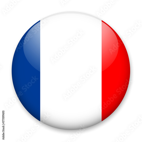Flag of France in the form of a round button with a light glare and a shadow. The symbol of Independence Day, a souvenir, a button for switching the language on the site, an icon.