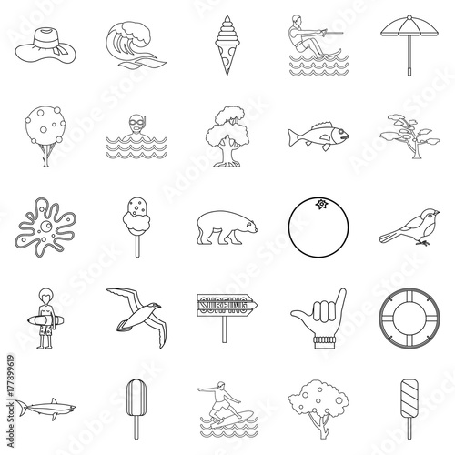 Summer holiday icons set, outline style