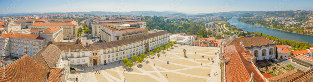Coimbra panorama from top of bell clock tower. Coimbra city skyline and University courtyard on Mondego river. Coimbra in Central Portugal, is famous for its University, the oldest in Europe.