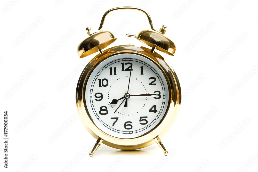 Reloj despertador antiguo metal dorado sobre fondo blanco aislado. Vista de  frente Stock Photo | Adobe Stock