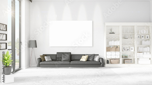 Interior with panoramic view, black leather ottoman and empty frame, copyspace in horizontal arrangement. 3D rendering.