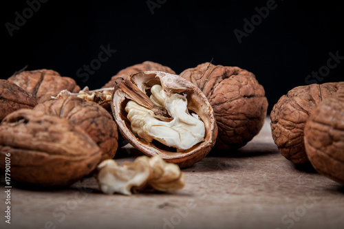 walnuts (Juglans regia) detail on black background