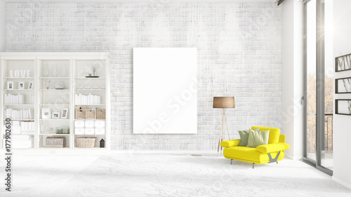 Fashionable modern interior with yellow recliner and empty frame and copyspace in vertical arrangement. 3D rendering.