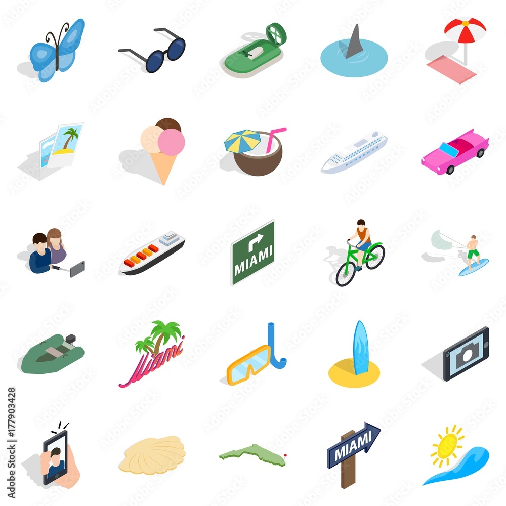 Way to the beach icons set, isometric style