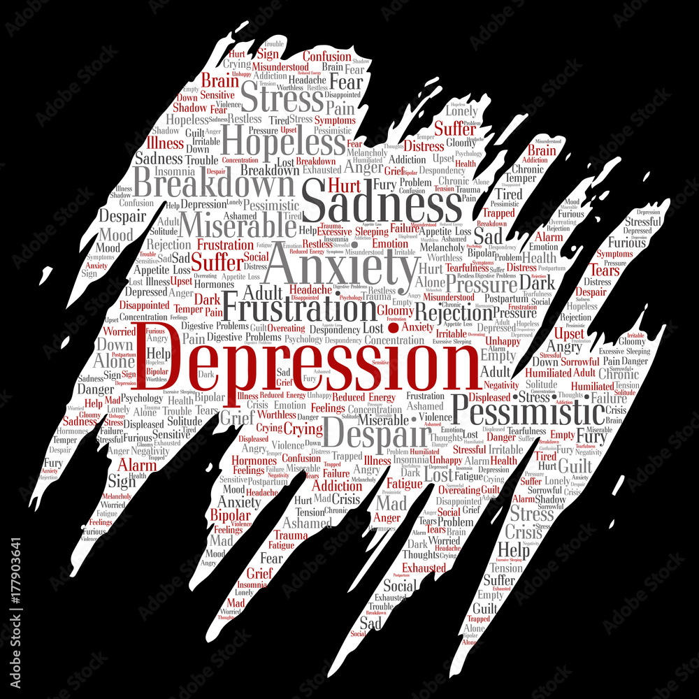 Fototapeta premium Vector conceptual depression or mental emotional disorder problem paint brush or paper word cloud isolated background. Collage of anxiety sadness, negative sad, despair, unhappy, frustration symptom