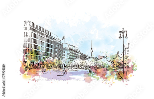 Watercolor sketch with splash of Brandenburg Gate Berlin, Germany in vector illustration.