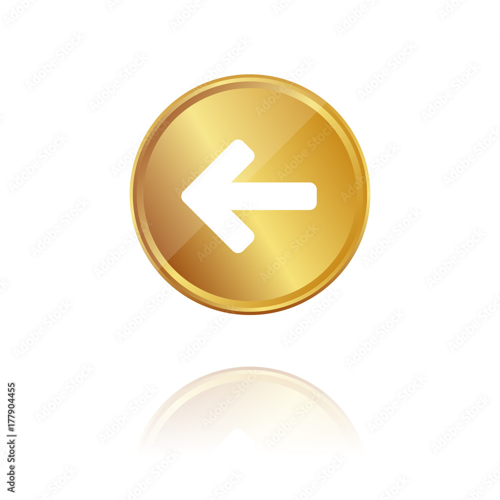 Pfeil nach links - Gold Münze mit Reflektion Pfeil nach links - Gold Münze mit Reflektion
