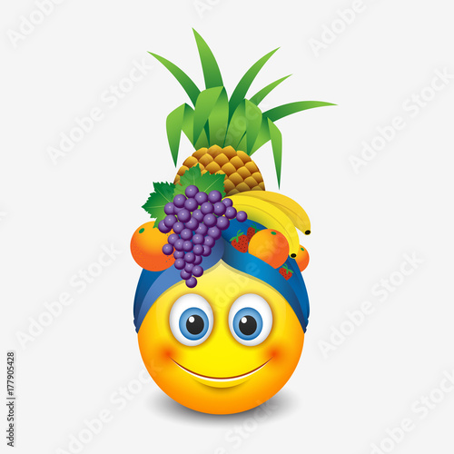 Cute smiling emoticon wearing fruit hat, emoji